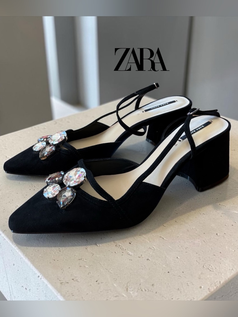 ZARA Basic, Black Rhinestone Slingback Heels, Size EU 41 / US 10 Jeweled Pumps